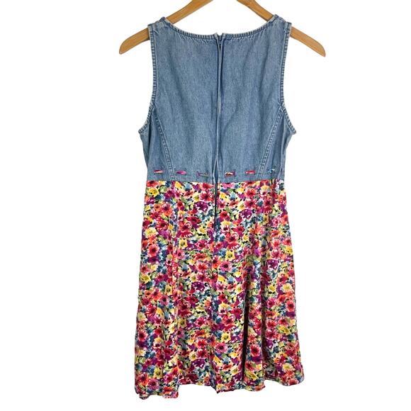 Vintage Floral Flowing and Denim Dress Tie Waist 1990s - Picture 2 of 6